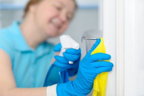Cleaner wearing protective gloves and mask during carpet cleaning